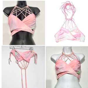 Pink VS longline wrapped cloud print 
strappy fringed bikini top
